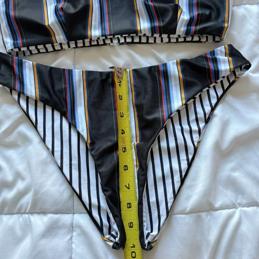 Womens Bikini Set Swimsuit Top Bottom Striped‎ Reversible White Black Summer